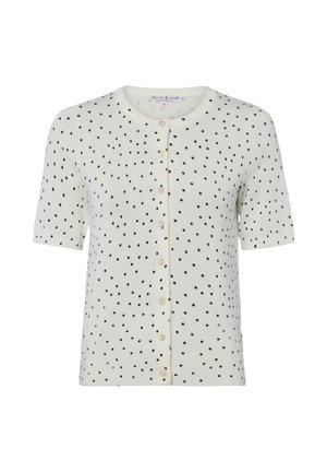 Weißes kurzärmeliges Cardigan mit schwarzen Polka-Dots, rundem Ausschnitt und Knopfleiste vorne.