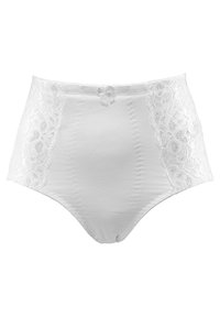 Högmidjade vita underkläder med en mjuk bomullsfront och dekorativa spetskanter. Har en liten rosett i mitten fram.