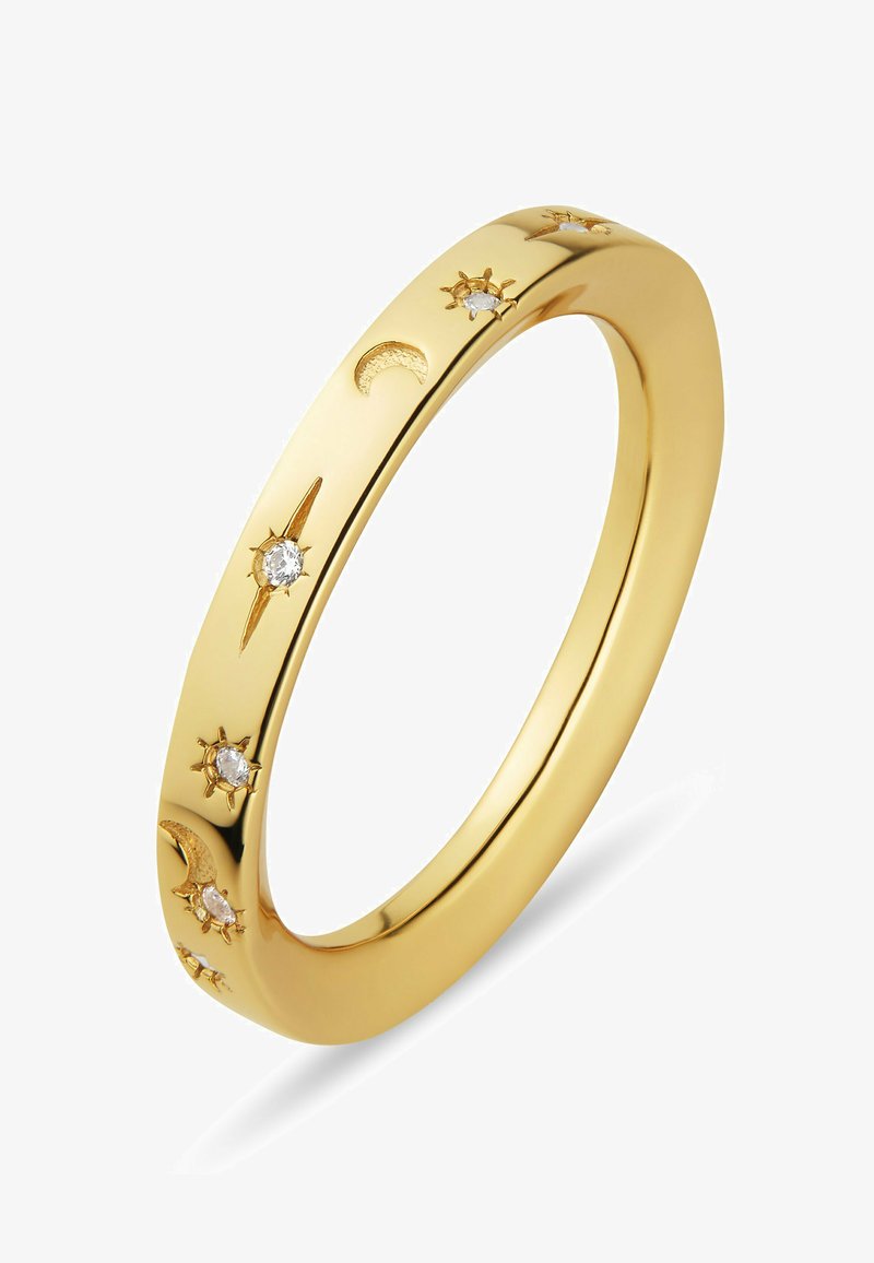 Goldring mit gravierten Halbmond- und Sonnenmotiven, wobei jede Sonne einen kleinen klaren Edelstein in der Mitte hat.