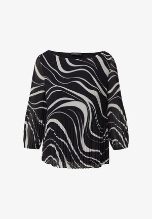 Black and white pleated blouse with a wavy pattern, wide neckline, and three-quarter sleeves. Light, textured fabric with a flowing design.