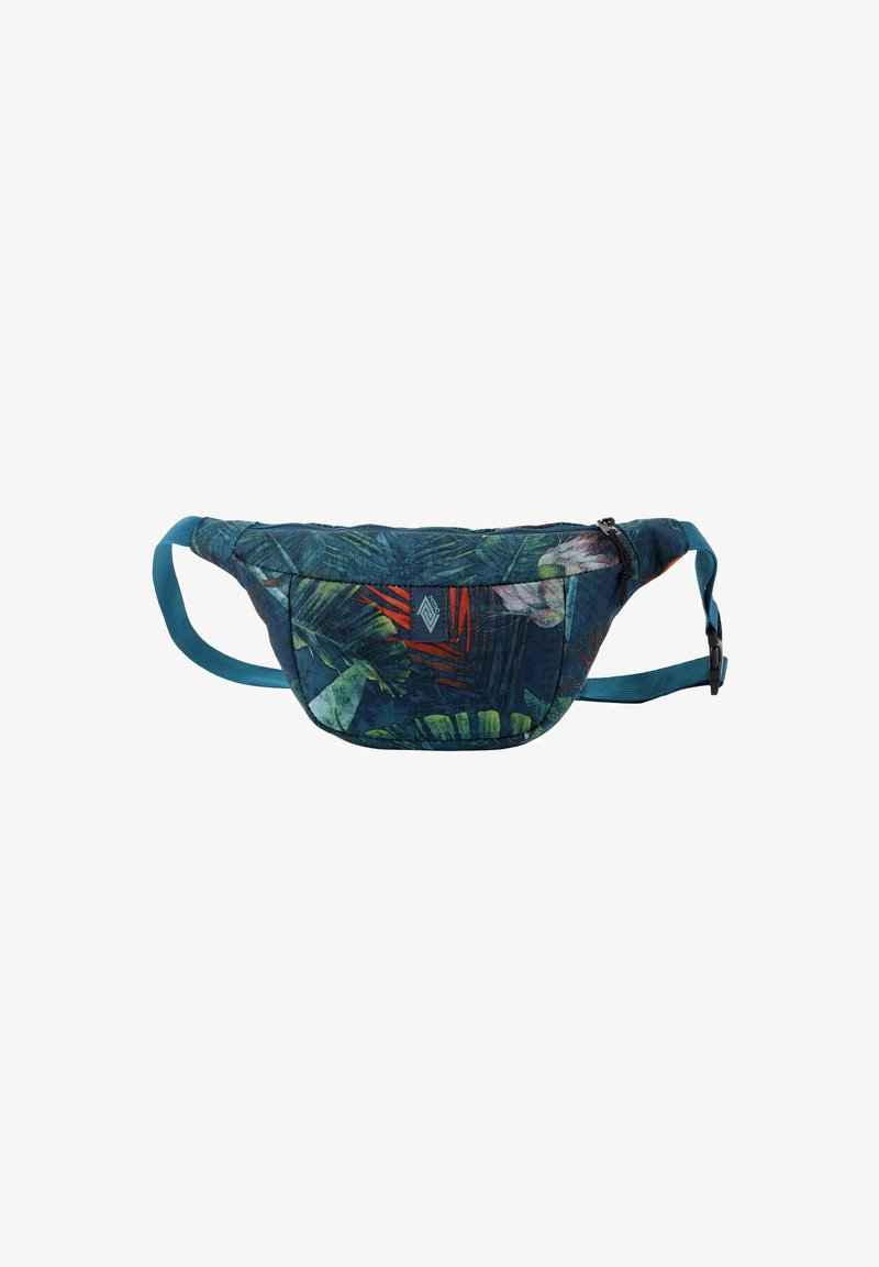 Fanny pack in donkerblauw met een groen en rood tropisch bladvormpatroon, voorzien van een ritsluiting en een verstelbare teal kleurige band.