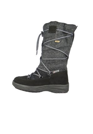 Czarno-szare wodoodporne zimowe buty o wysokim designie, z teksturowaną górą z filcu, zamszowymi akcentami i kontrastującymi sznurowadłami.