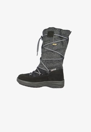 Czarno-szare wodoodporne zimowe buty o wysokim designie, z teksturowaną górą z filcu, zamszowymi akcentami i kontrastującymi sznurowadłami.