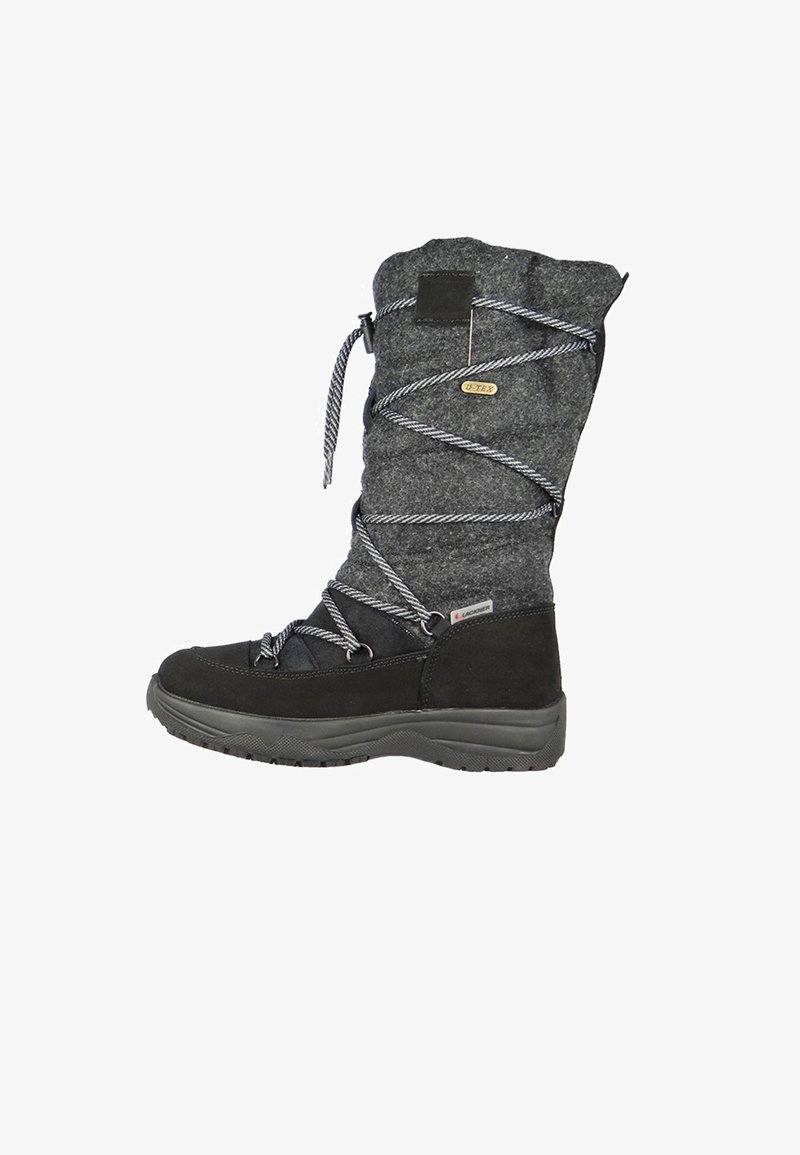 Black and gray waterproof winter boot with a tall design, featuring a textured felt upper, suede accents, and contrasting laces.