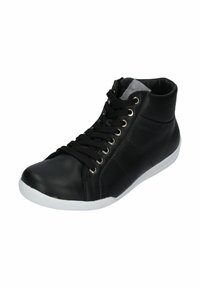 Black high-top sneakers made of smooth leather, featuring black laces, gold eyelets, white rubber sole, and a streamlined design.