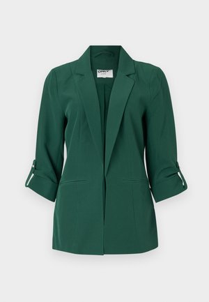 Green tailored blazer with a collar, front pockets, and cuffs rolled up. Made from smooth fabric with a structured design.