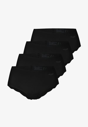 Vier schwarze nahtlose Damenunterhosen, gestapelt und so angeordnet, dass die Vorderseite und die Innensicherheitsdetails sichtbar sind.