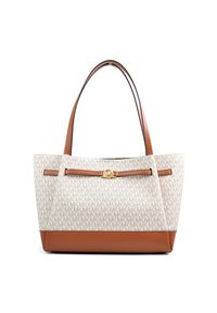 Bolsa tote con exterior estampado en color crema con el logo MK, detalles en cuero marrón, herrajes en tono dorado y dos asas para llevar al hombro.