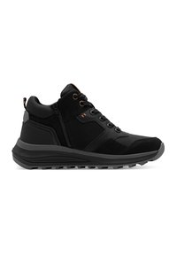 Scarpe nere impermeabili con tomaia strutturata, dettagli in rete, sistema di allacciatura e colletto imbottito. Presentano una suola in gomma con pattern di trazione.