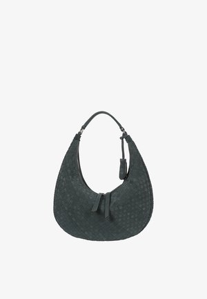 Woven leather handbag in dark green, featuring a crescent shape, slim handle, zip closure, and two hanging leather accents.