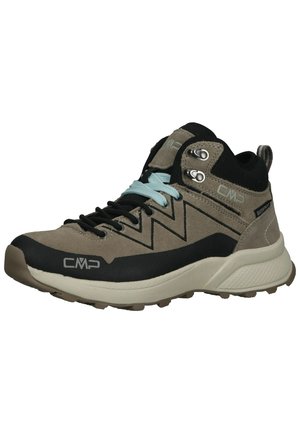 High-top vandresko i beige og sort med lyseblå og sorte snørebånd, tyk hvid sål, metaløjer og vandtæt mærkat på siden.