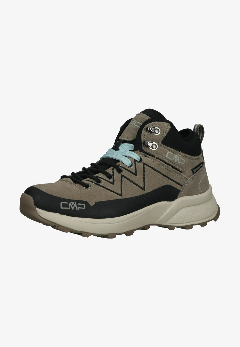 Chaussure de randonnée montante beige et noire avec lacets bleu clair et noirs, semelle blanche épaisse, œillets métalliques et étiquette imperméable sur le côté.