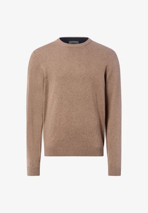 Round-neck, long-sleeve sweater made of soft beige fabric with a smooth texture. Features ribbed cuffs and hem for a fitted silhouette.