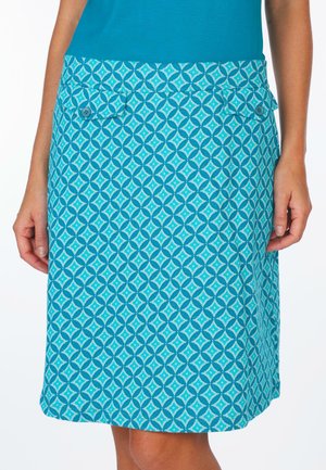 Türkisblaue gemusterte Rock mit einem geometrischen Design und einem seitlichen Knopfdetail am Bund. Hergestellt aus einem strukturierten Stoff.