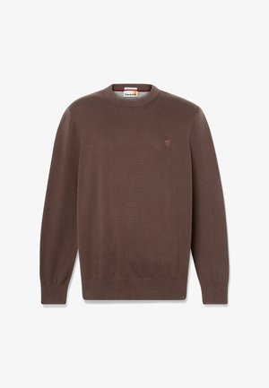 Maglione da uomo marrone a maniche lunghe con collo a girocollo, polsini e orlo a costine, logo Timberland ricamato sul petto a sinistra.