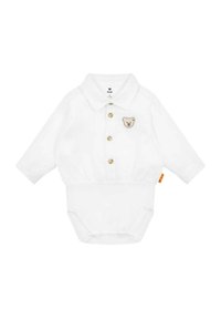 Bodysuit blanco para bebé con mangas largas, botones en el frente, cuello y detalle bordado de oso en el pecho. Tejido suave, cintura elástica.