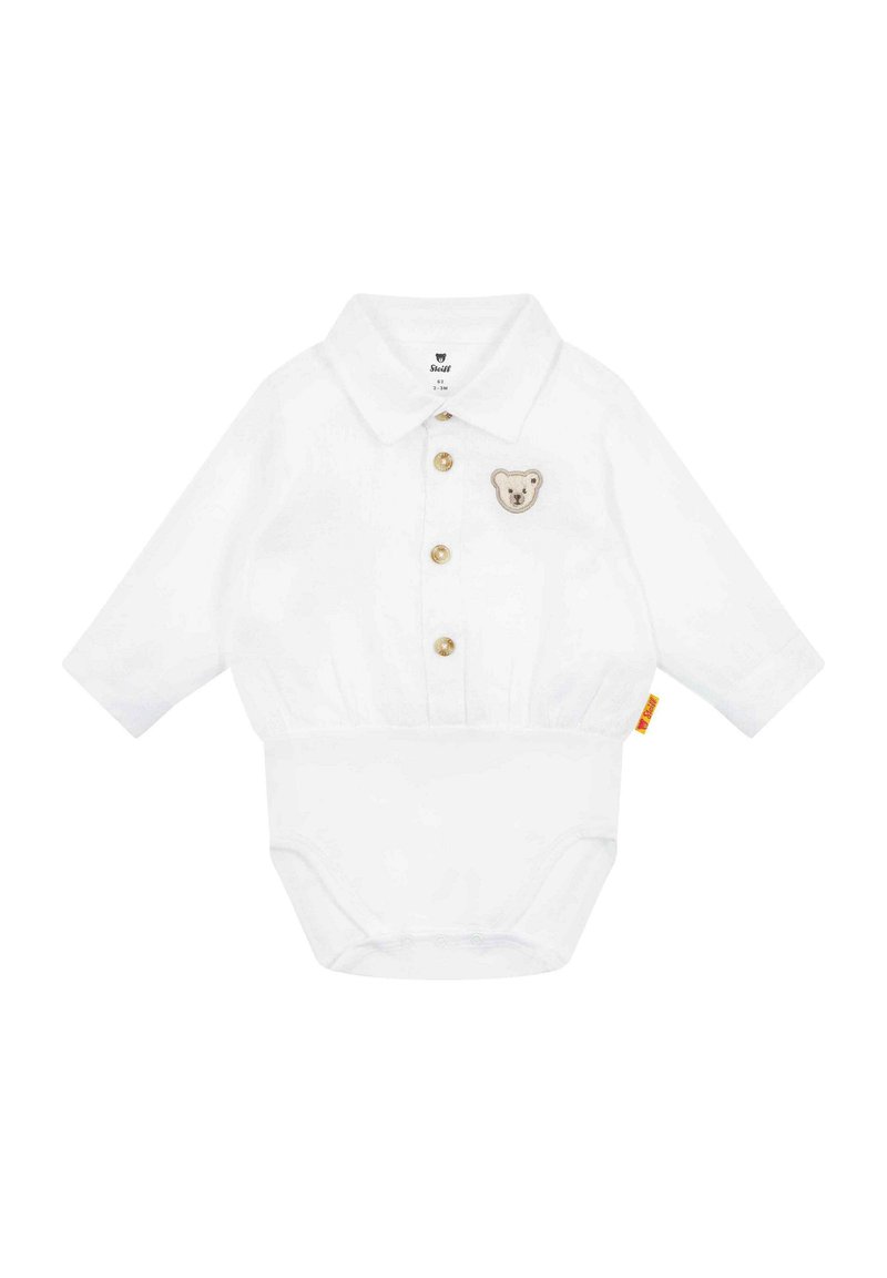 Bodysuit blanco para bebé con mangas largas, botones en el frente, cuello y detalle bordado de oso en el pecho. Tejido suave, cintura elástica.