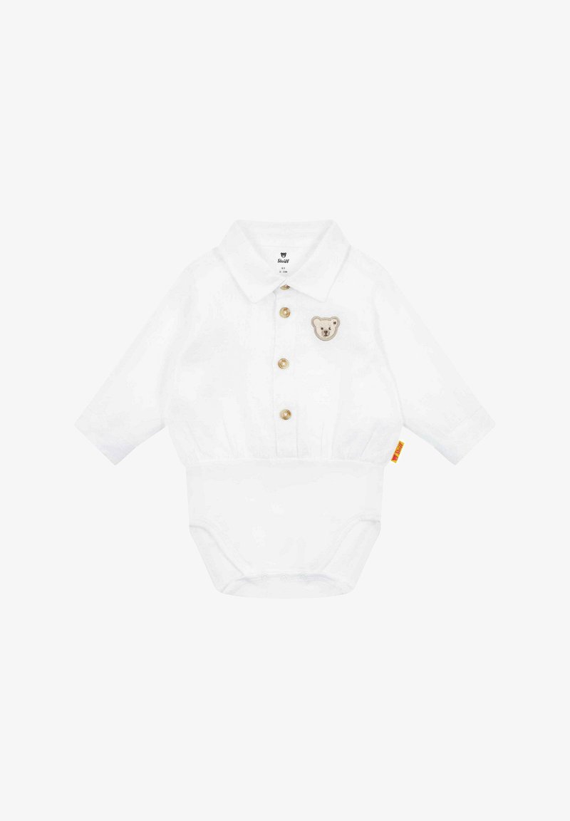 Bílý kojenecký overal s dlouhými rukávy, předním zapínáním na knoflíky, límečkem a vyšitým detailem medvídka na hrudi. Měkká tkanina, elastický pas.