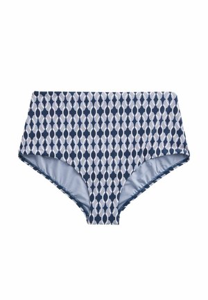 Dół od bikini z wysokim stanem w geometryczny wzór owalny w kolorze granatowym i jasnoniebieskim oraz gładką, jasnoniebieską podszewką wewnętrzną.