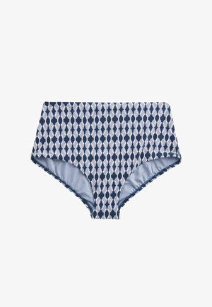 Hoge taille bikini broekjes met een marineblauw en lichtblauw geometrisch ovale patroon en een gladde, lichtblauwe voering aan de binnenkant.