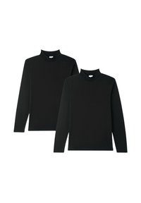 Dwa czarne golfy z długim rękawem, wykonane z gładkiego materiału, z wysokim kołnierzem i dopasowaną sylwetką.