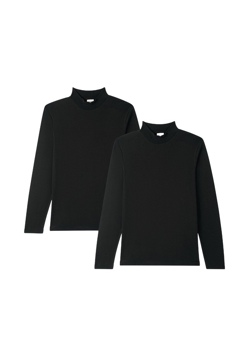 Dwa czarne golfy z długim rękawem, wykonane z gładkiego materiału, z wysokim kołnierzem i dopasowaną sylwetką.