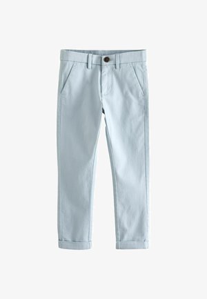 Vaaleansiniset puuvillahousut, joissa on sivutaskut, ruskea napin sulku ja käänteet. Liukas pinta ja slim fit -design.