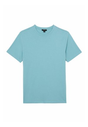 T-shirt a maniche corte color azzurro chiaro con scollo rotondo, design semplice, mostrata distesa su sfondo bianco.