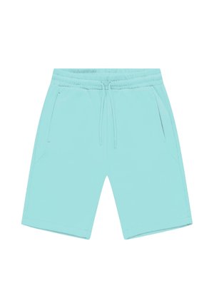 Lichtblauwe korte broek van gladde stof, met een elastische tailleband, trekkoord en twee zijzakken.