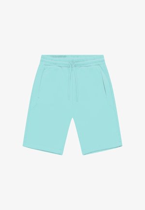 Lichtblauwe korte broek van gladde stof, met een elastische tailleband, trekkoord en twee zijzakken.