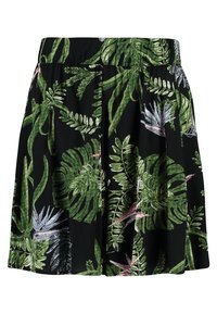 Jupe noire avec un motif de feuilles tropicales vertes et bleues vives, fabriquée en tissu léger avec une taille élastique.