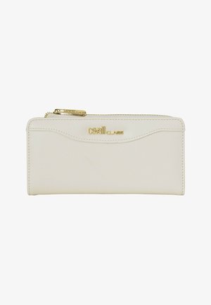 Rechthoekige portemonnee van crèmekleurig leer met een gouden rits en een gouden "Cavalli Class"-logo in het midden aan de voorkant.
