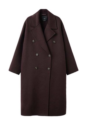 Dark burgundy double-breasted coat made of wool, featuring a notched collar, large buttons, and a loose, straight-cut silhouette.