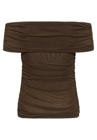 Haut marron à épaules dénudées avec fronces, col replié et silhouette ajustée, fabriqué en tissu léger et légèrement transparent.