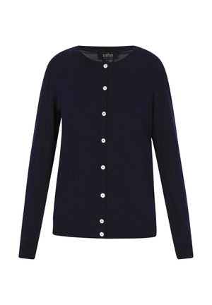 Cardigan din tricotare de culoare albastru marin, cu mâneci lungi, guler rotund și nasturi albi pe partea din față. Manșetele și tivul cu textură ribbed adaugă un efect deosebit.