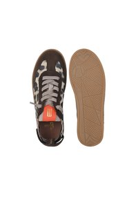 Brown and beige patterned sneakers with gray laces, red and gold accents, and a textured sole. Features loop for easy wear.