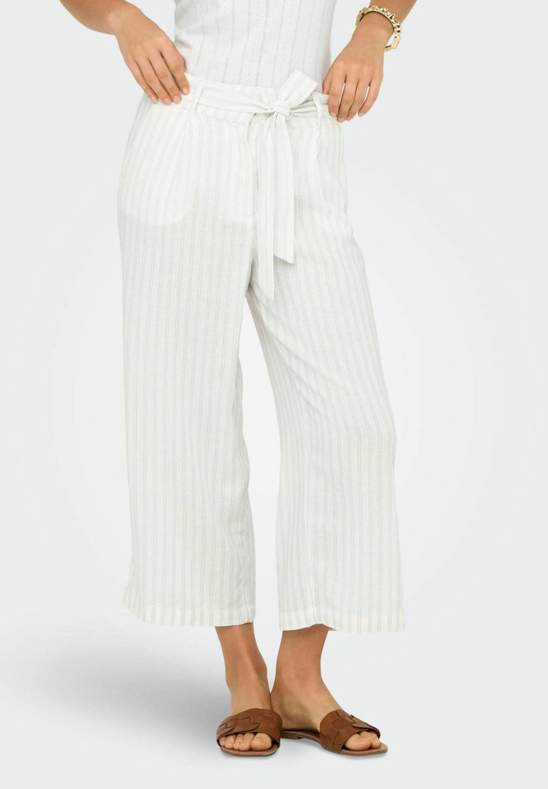 Białe szerokie spodnie w paski z wiązanym pasem, z subtelnymi pastelowymi paskami, teksturowanym materiałem oraz dwoma bocznymi kieszeniami.