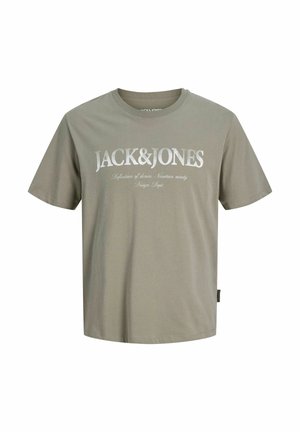 T-shirt en coton vert kaki à manches courtes, col rond et logo blanc audacieux "JACK&JONES" sur le devant. Texture douce, coupe décontractée.