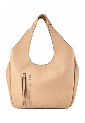 Sac cabas en cuir beige avec grandes poignées découpées, poche avant zippée et logo vertical "TOM TAILOR" en lettres noires perforées.