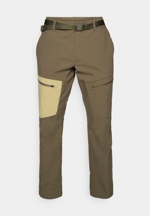 Brown outdoor pants with a beige knee patch, zippered pockets, and a matching belt. Made of durable fabric with a straight-leg cut.