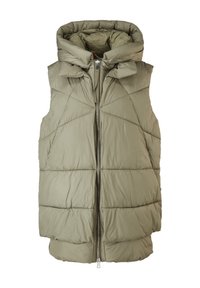 Padded green vest with a high collar, featuring a zip closure, large hood, and chevron quilting pattern for insulation and style.