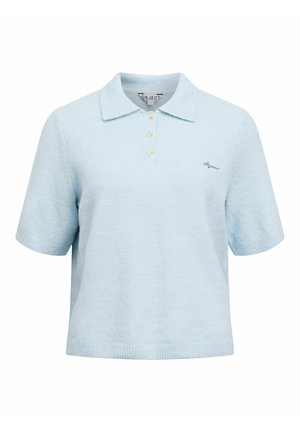Light blue short-sleeve polo shirt, featuring a textured fabric, collar, three button placket, and small embroidered detail on the front.