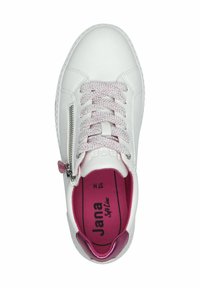 White sneaker with pink accents, featuring a textured lace design, side zipper, and a smooth leather-like finish. Interior has a pink lining.