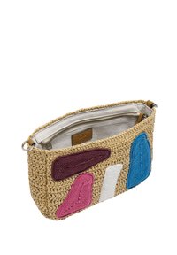 Wpleciony straw clutch w beżowym kolorze z kolorowymi haftami w odcieniach różu, niebieskiego, burgundowego i białego. Zawiera zamek błyskawiczny i wyściółkę z tkaniny.