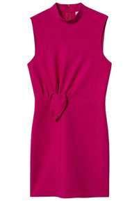 Fuchsia ärmelloses Kleid mit hohem Ausschnitt und einem Knotendetail vorne. Glatte Stoffqualität mit taillierter Silhouette und Reißverschluss hinten.