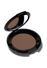 Braunes gepresstes Puder-Make-up in einer runden Dose mit einem reflektierenden schwarzen Rand und einem Scharnier zum Öffnen. Glatte Textur, matte Oberfläche.