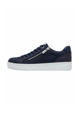 Navy sneaker with textured mesh and smooth panels. Features a silver zipper, round laces, and a textured white sole.