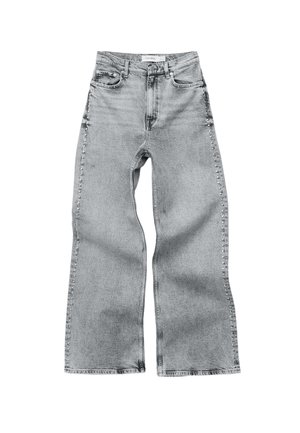 Light gray denim wide-leg jeans with a high waist, five pockets, and visible stitching. The fabric has a textured finish and straight cut.