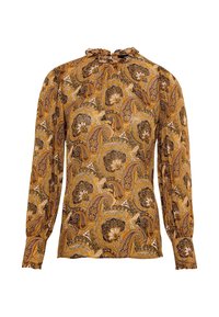 Blouse marron à motif paisley avec des manches longues, un col froncé et un tissu texturé. Présente des designs floraux et géométriques complexes.