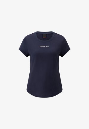 Navy blue t-shirt with rolled sleeves, featuring the text "FIRE + ICE" in white across the chest. Made from soft cotton material.
